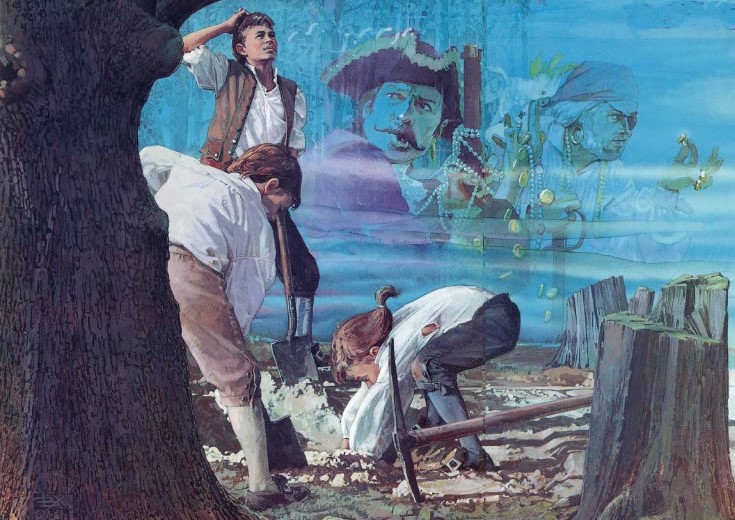 an old painting of the three boys digging for treasure